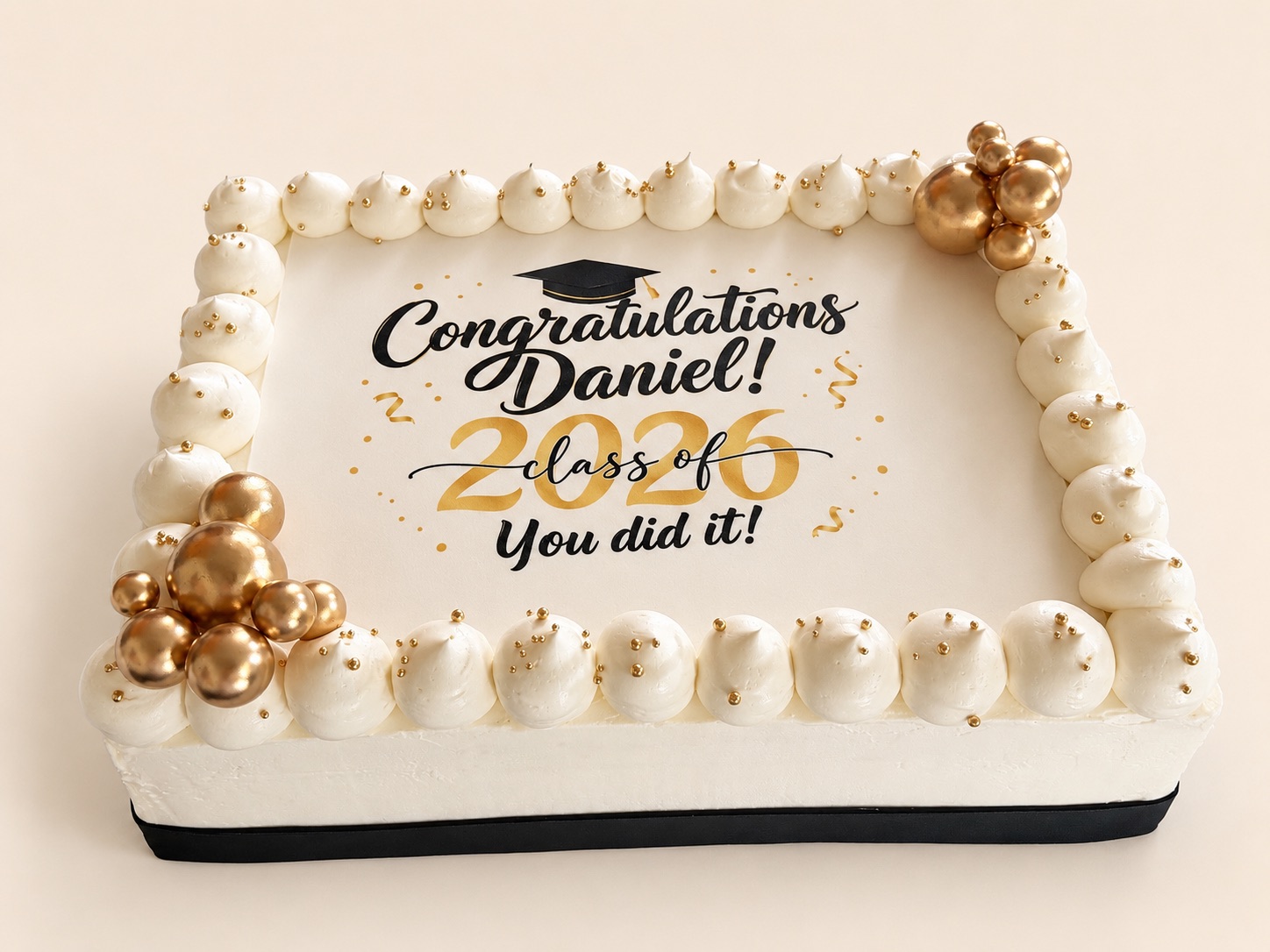 Gold graduation sheet cake with custom congratulations message by La Bouchée