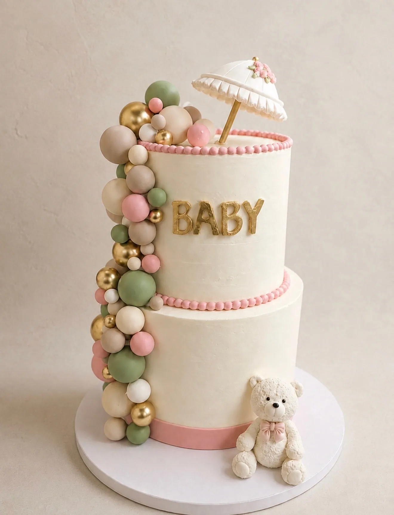 Two-tier ivory baby shower cake with sage, blush, and gold balloon garland, gold BABY letters, parasol topper, and teddy bear