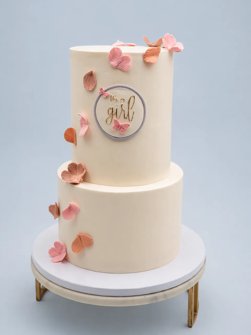 Two-tier baby shower cake with pink butterfly details and It's a girl plaque