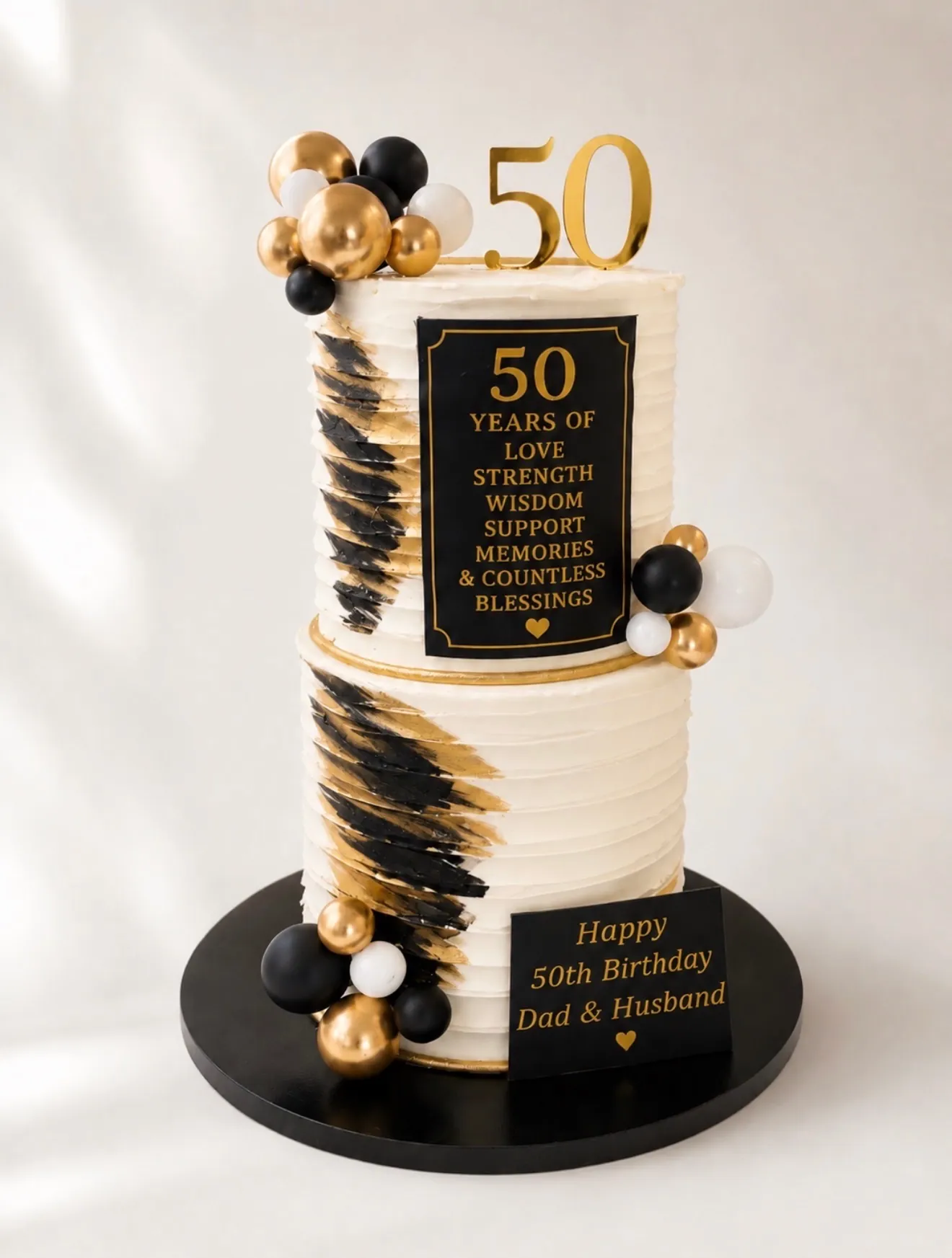 Black and gold 50th birthday cake with balloon topper and custom message plaque