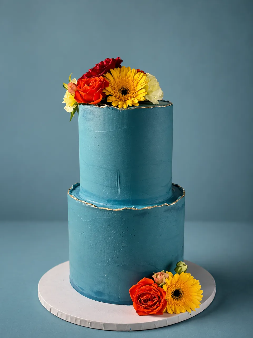 Two-tier blue buttercream cake with bright orange and yellow flowers