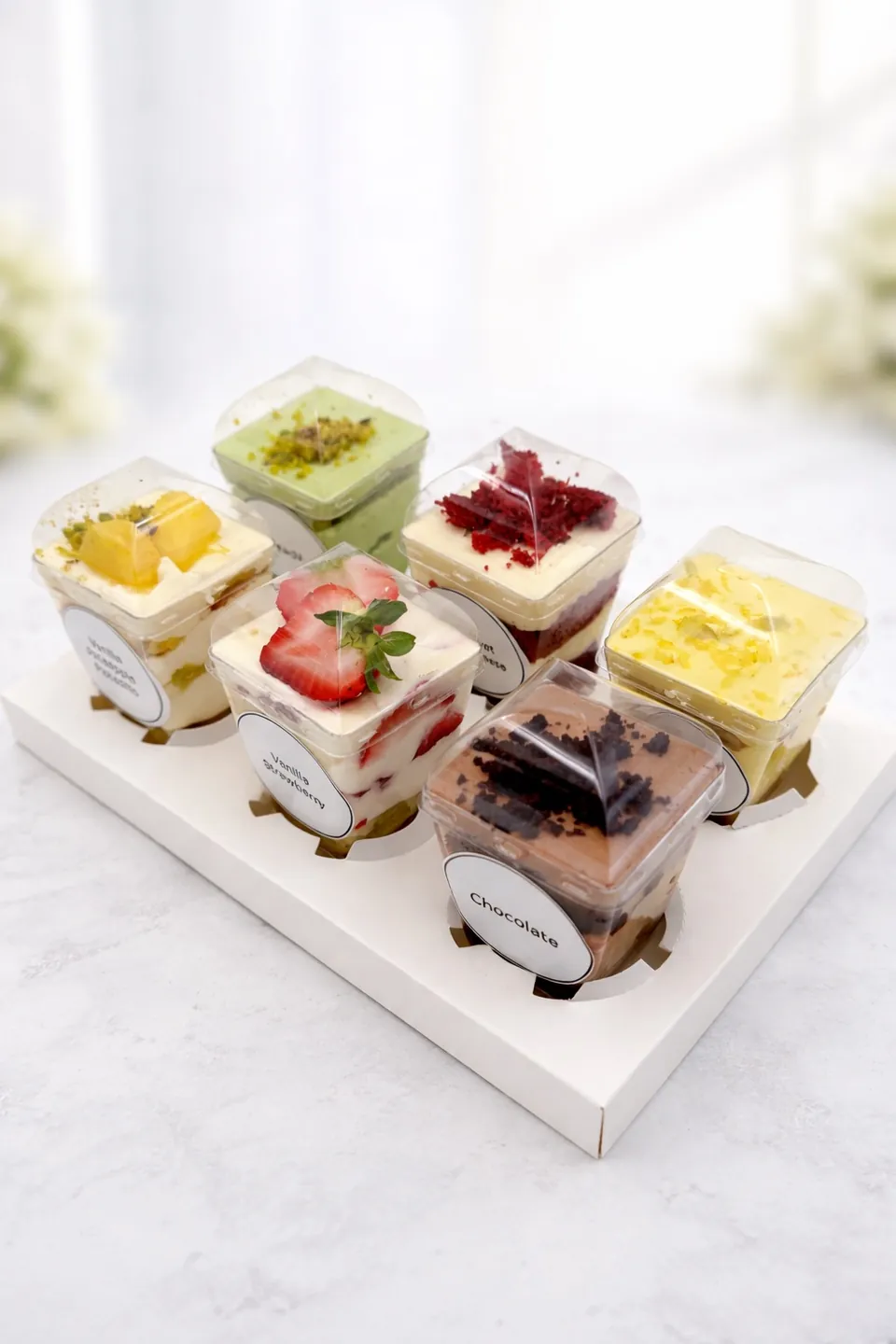Cake tasting box angled view by La Bouchée