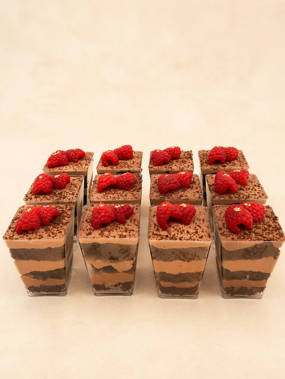 Chocolate raspberry Sweet Shots with layered mousse and fresh raspberries
