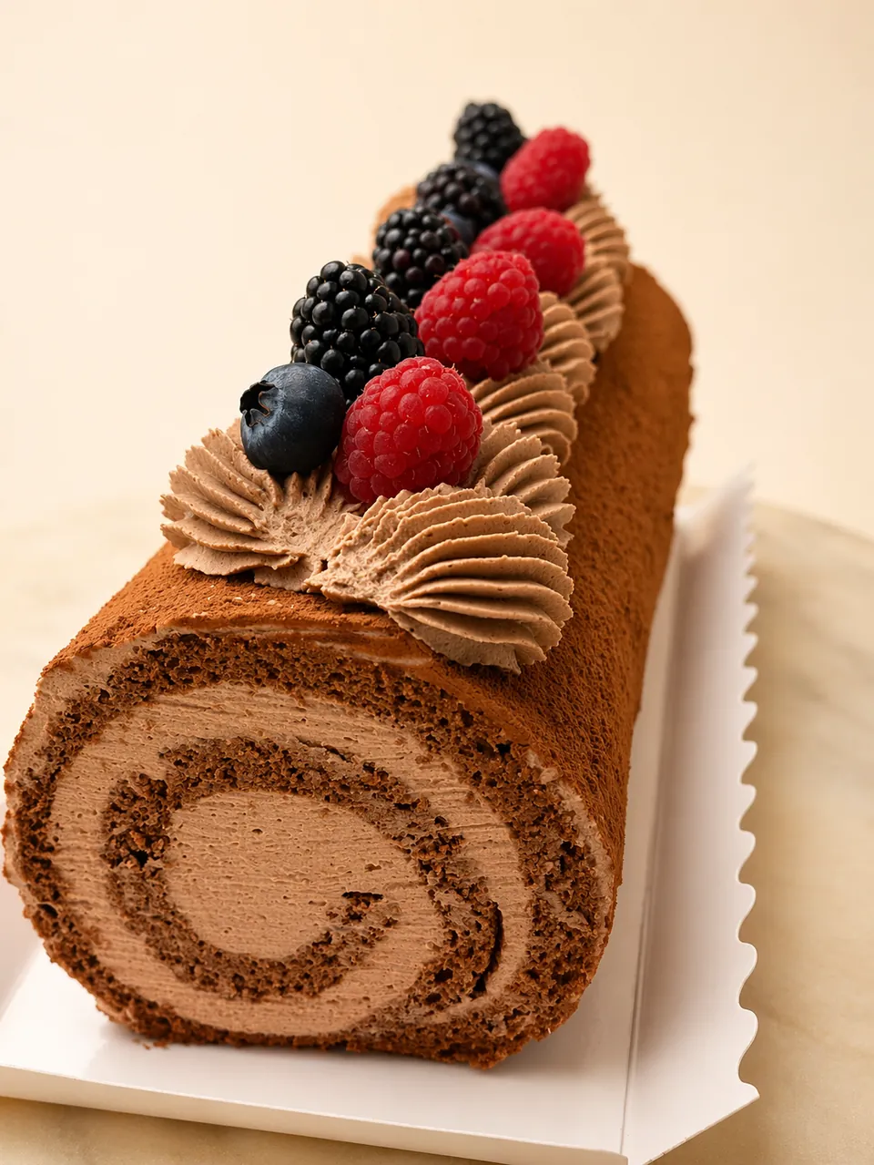 Chocolate Swiss roll cake with cream filling