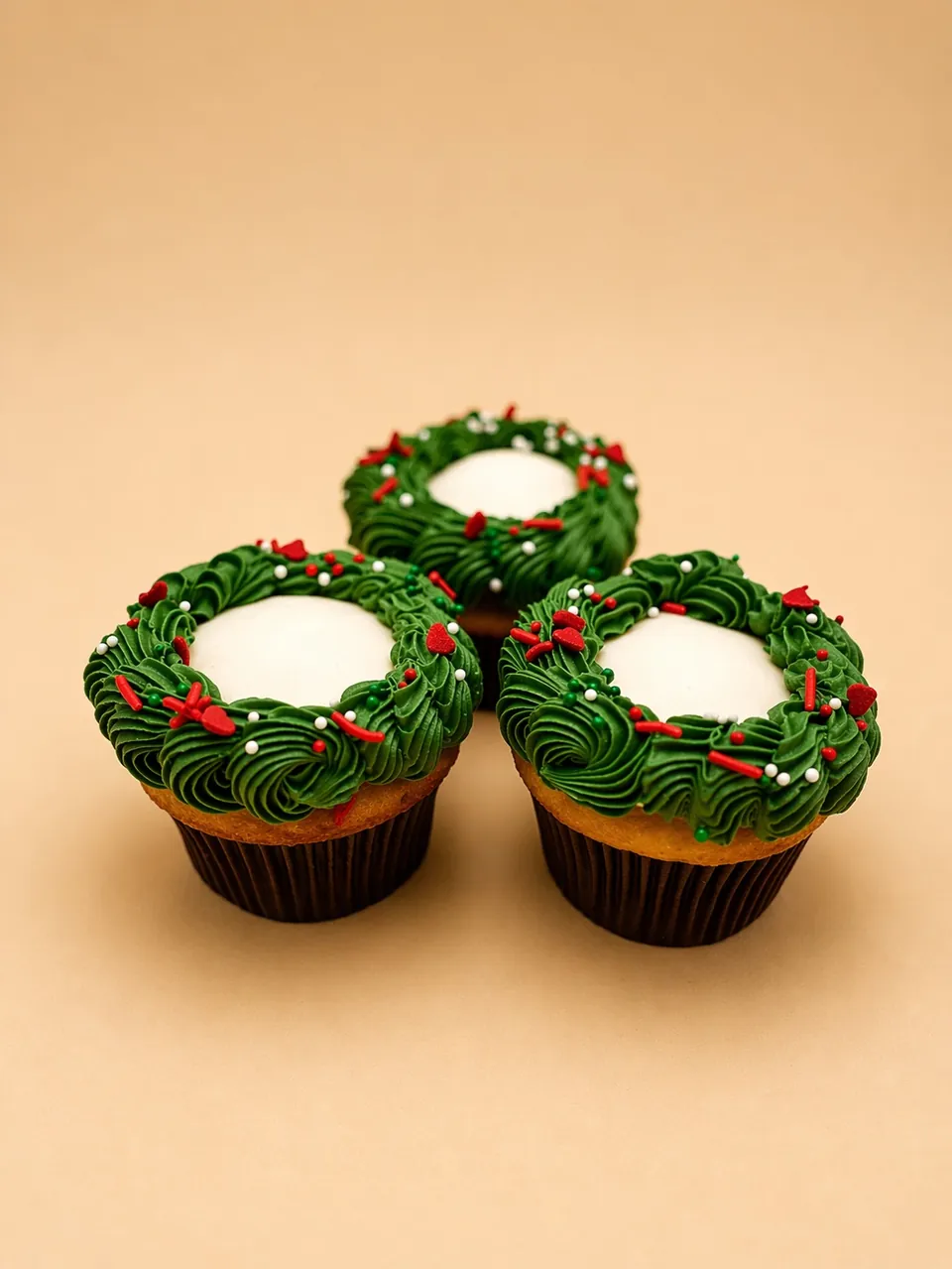 Christmas wreath cupcakes with green buttercream and festive sprinkles