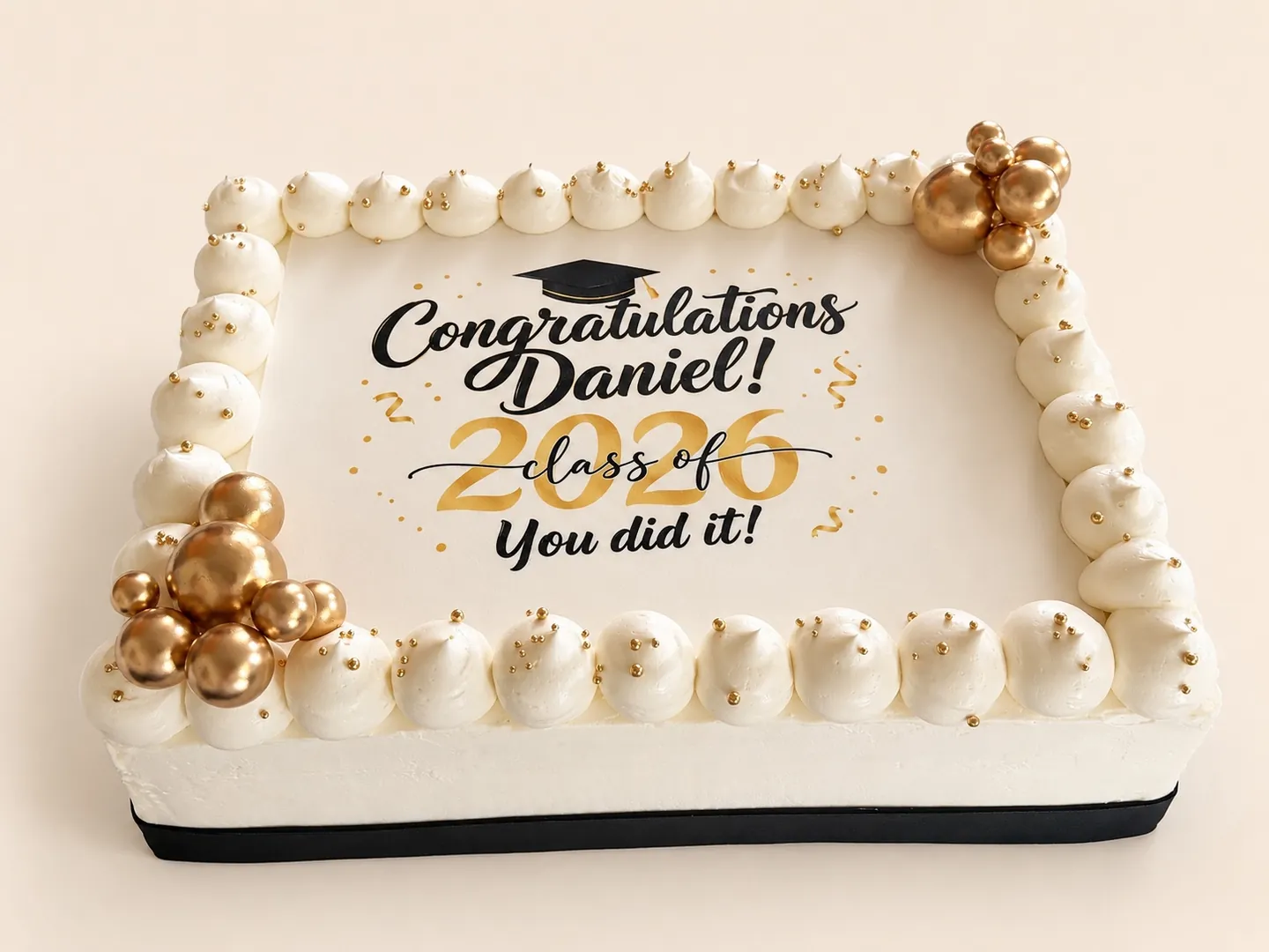 Gold graduation congratulations sheet cake with custom Class of 2026 message