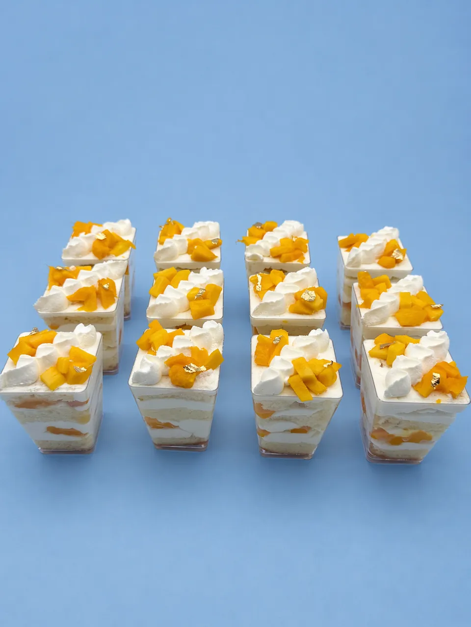 Mango Sweet Shots with whipped cream and fresh mango
