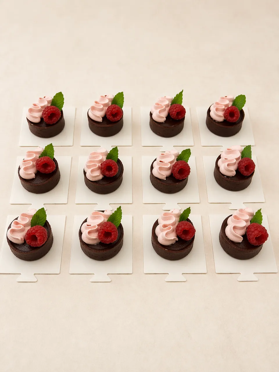 Mini chocolate raspberry tarts with raspberry cream and fresh raspberries