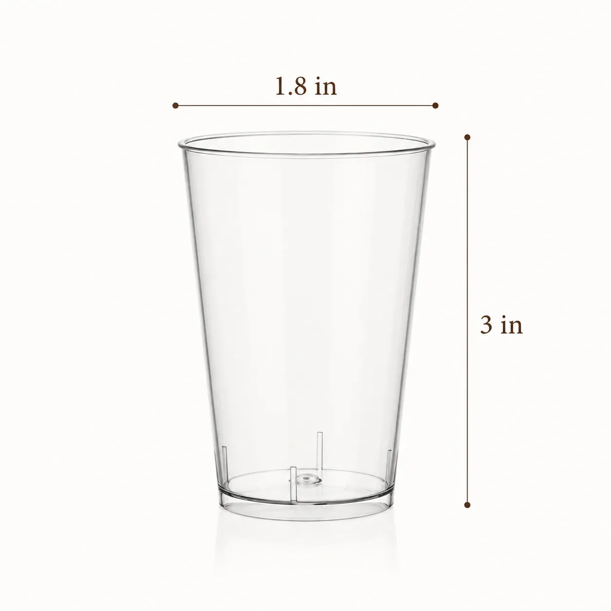 Clear Mini Shot dessert cup labeled 1.8 inches across and 3 inches high