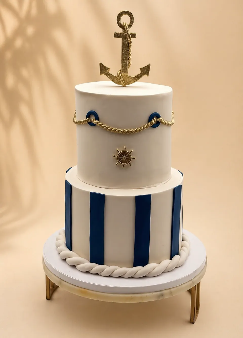 Two-tier nautical anchor custom cake in white and blue Birthday Cake