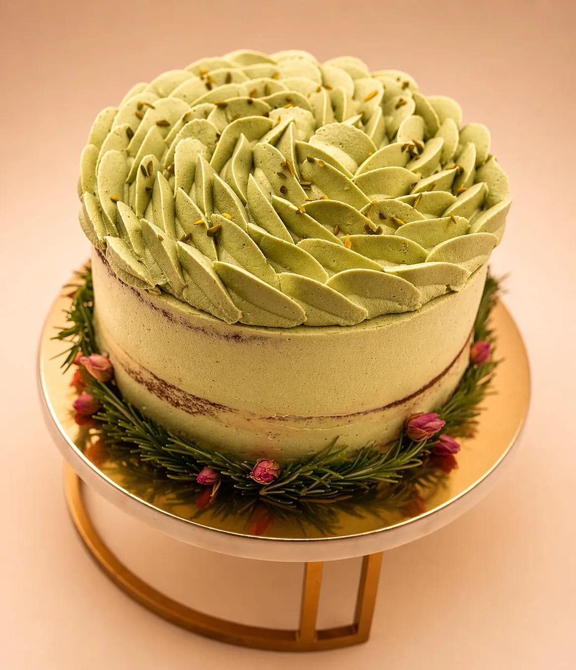 Pistachio dream cake with piped pistachio frosting