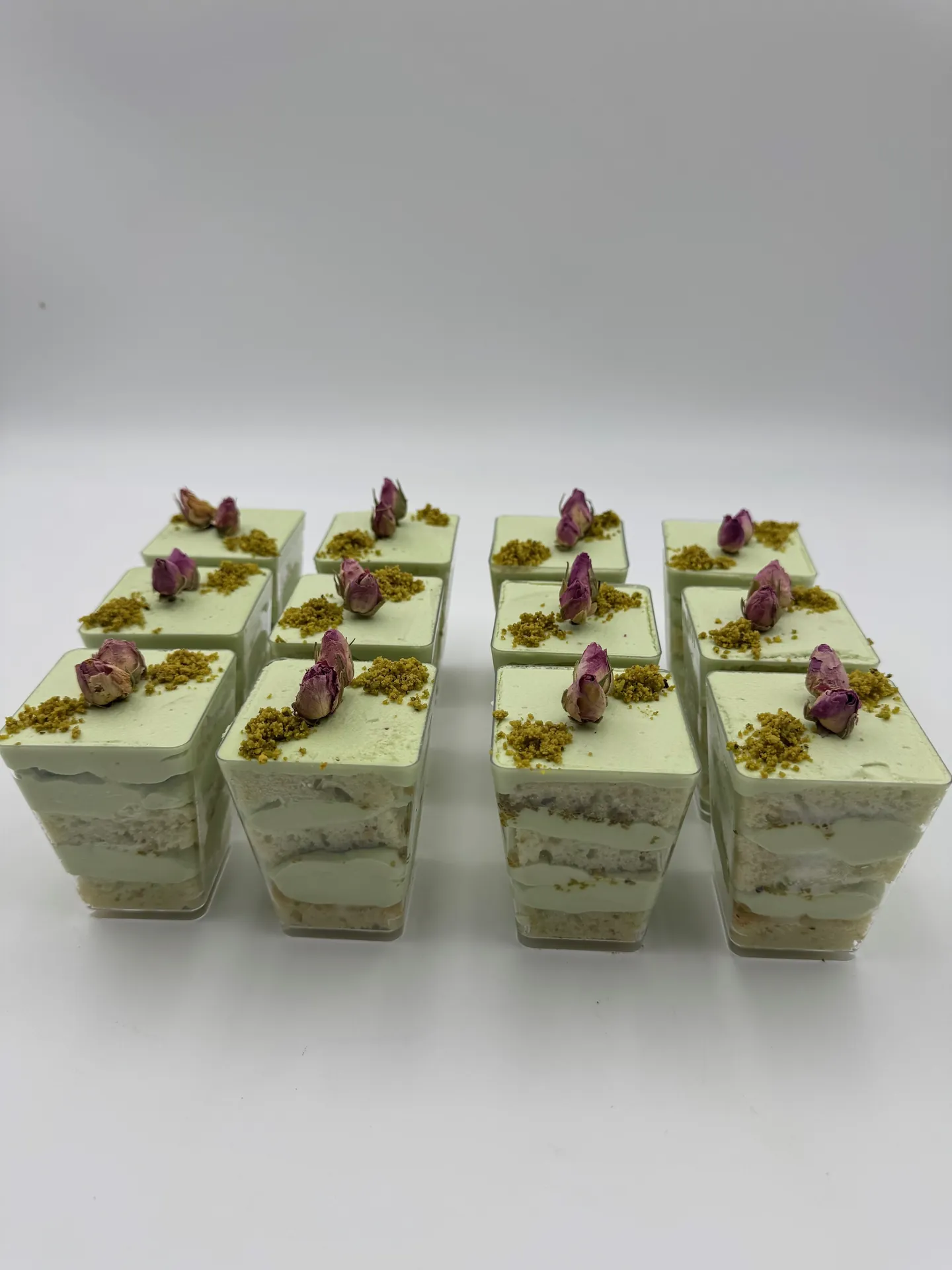Pistachio dessert shooters for corporate catering