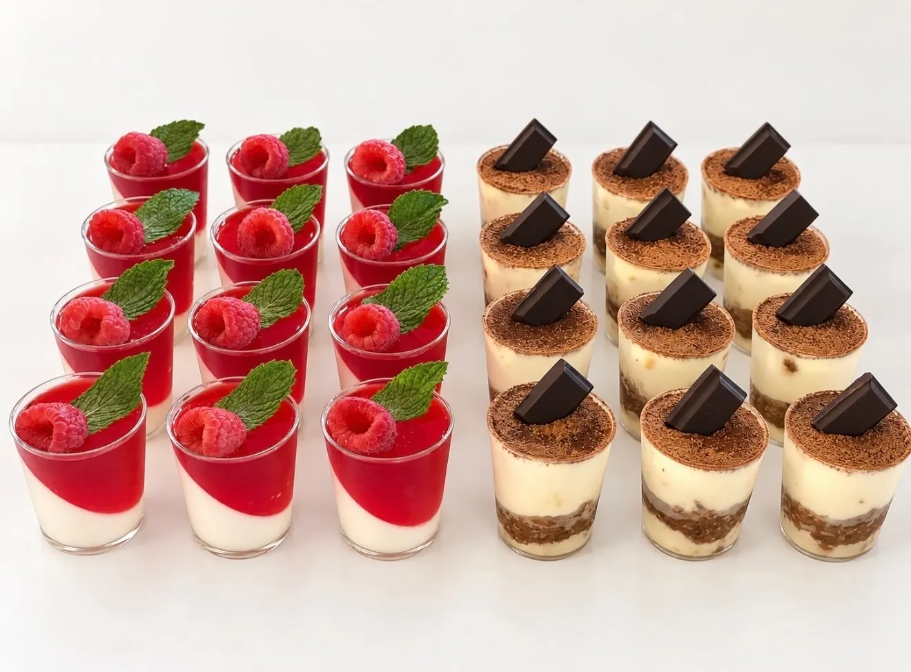 Raspberry panna cotta and tiramisu mini dessert shooters, twelve of each, with a fresh raspberry and mint on the panna cotta and a dark chocolate piece on the tiramisu