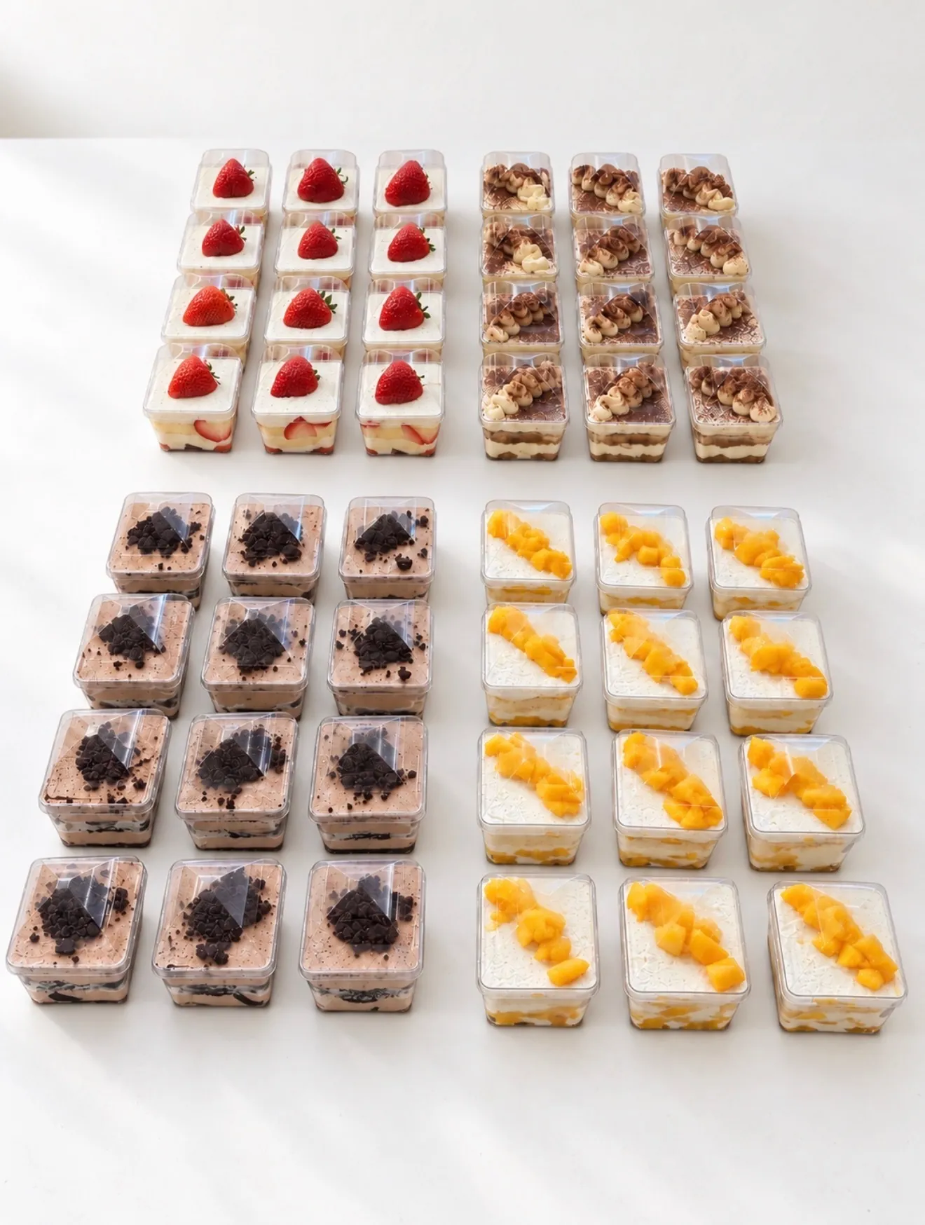 Forty-eight dessert shooters for an event, twelve each of strawberry cream, tiramisu, chocolate and mango, in lidded cups
