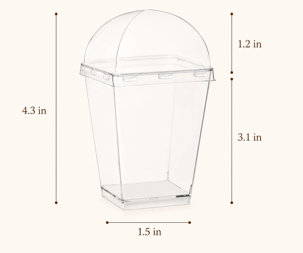 Clear Sweet Shot dessert cup with dome lid labeled 1.5-inch base, 3.1-inch body, 1.2-inch lid, and 4.3-inch total height