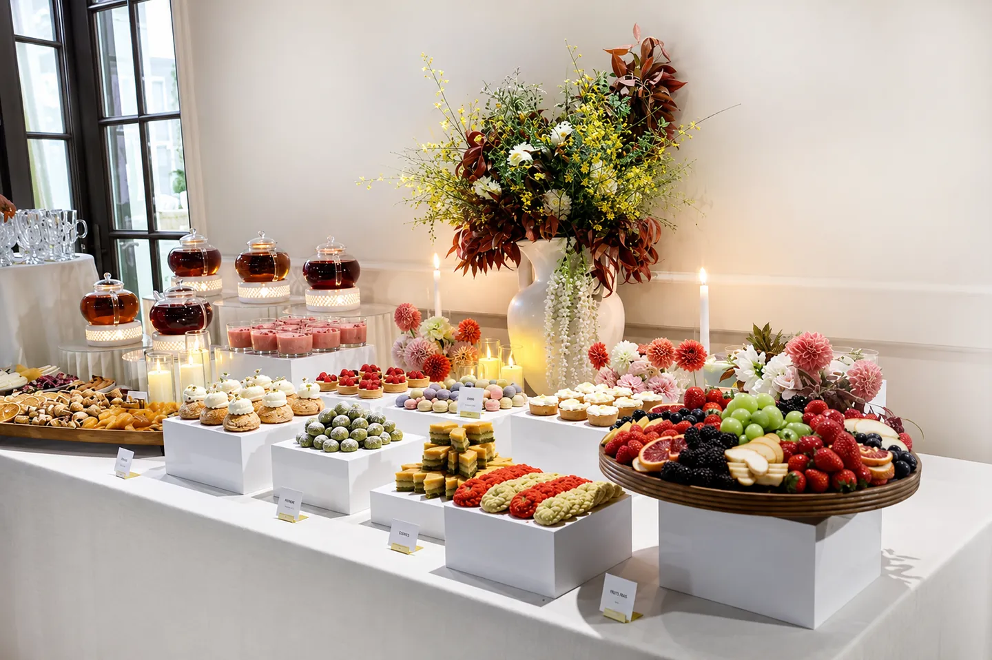 Sweet table with tea service, pastries, cookies, fruit, and floral styling