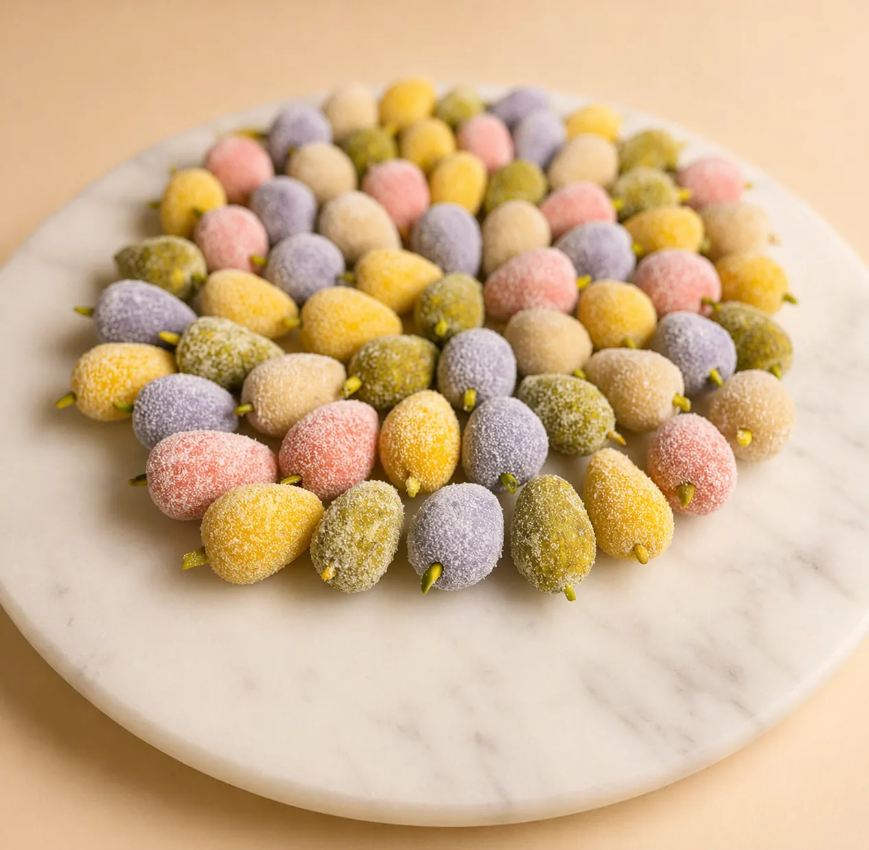 Colorful mulberry-shaped Toot Persian almond sweets in a gift box