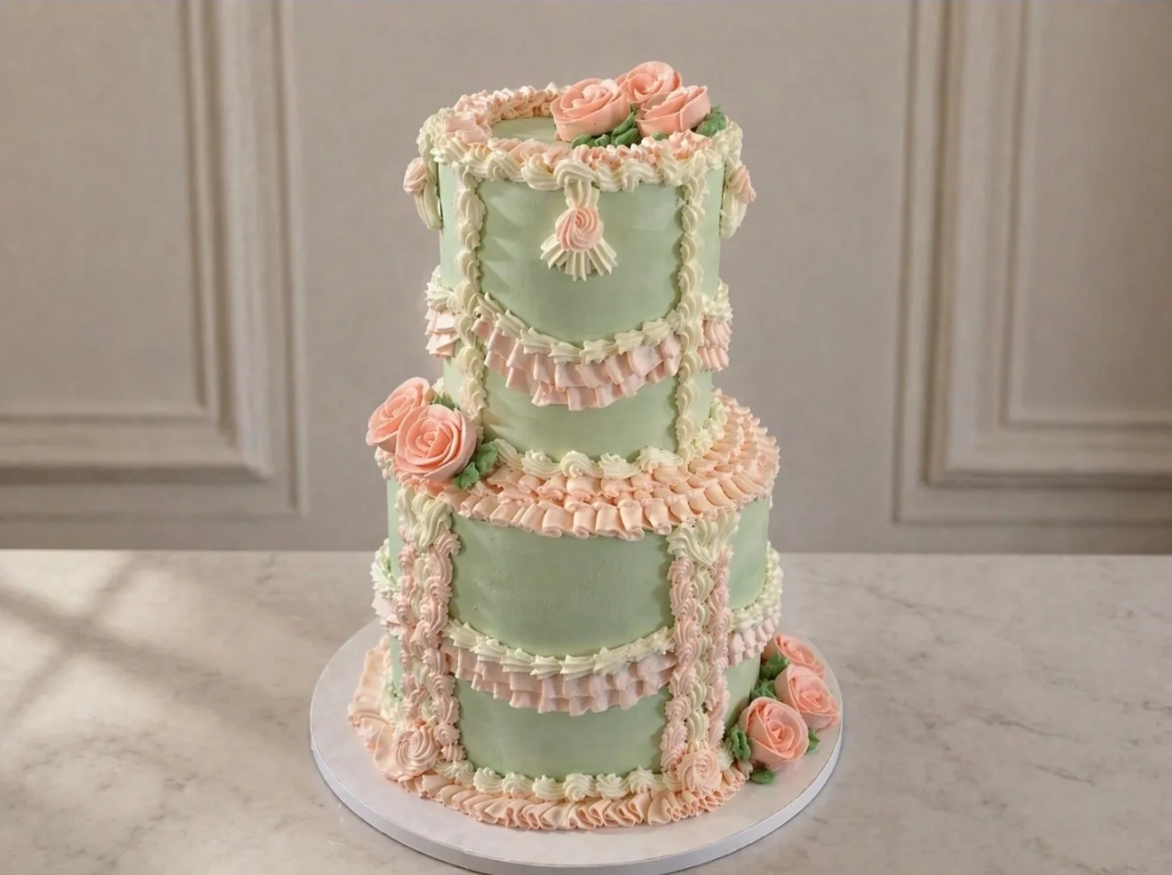 Two-tier vintage pale green custom cake with pink ruffles and buttercream roses