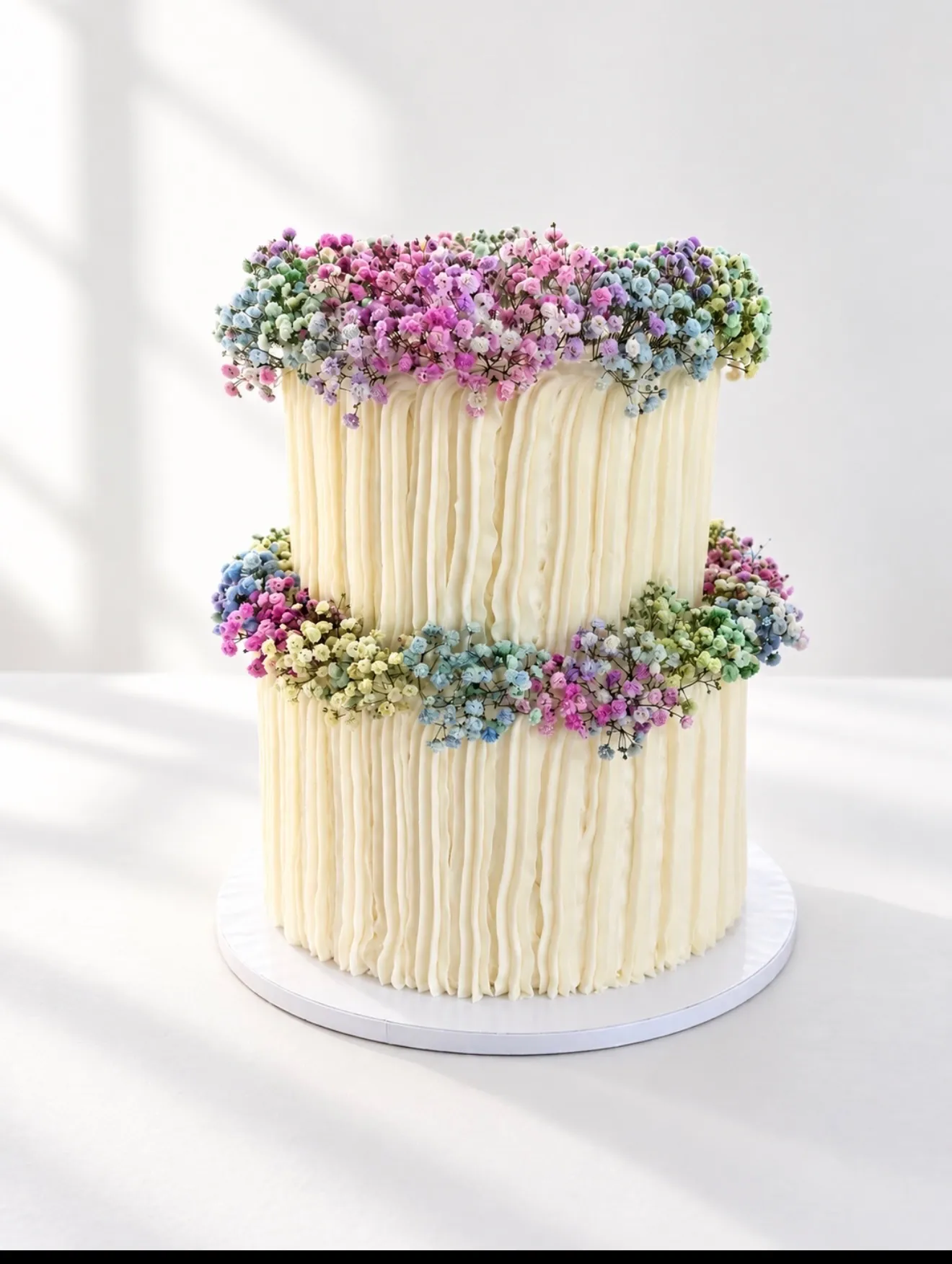 Two-tier wedding cake with ridged white buttercream and bands of pastel baby's breath