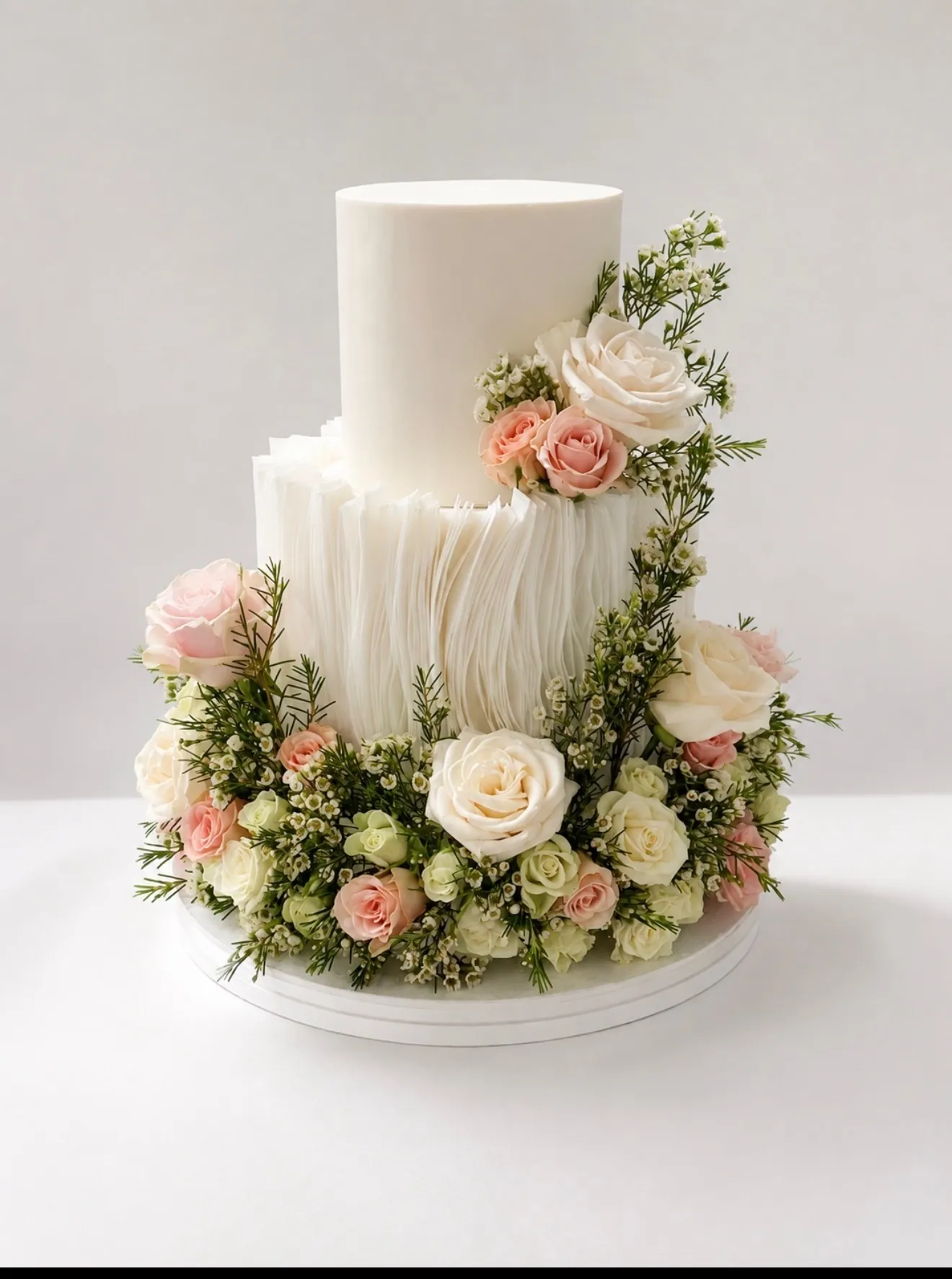 White ruffle wedding cake with blush and ivory roses and fresh greenery around the base