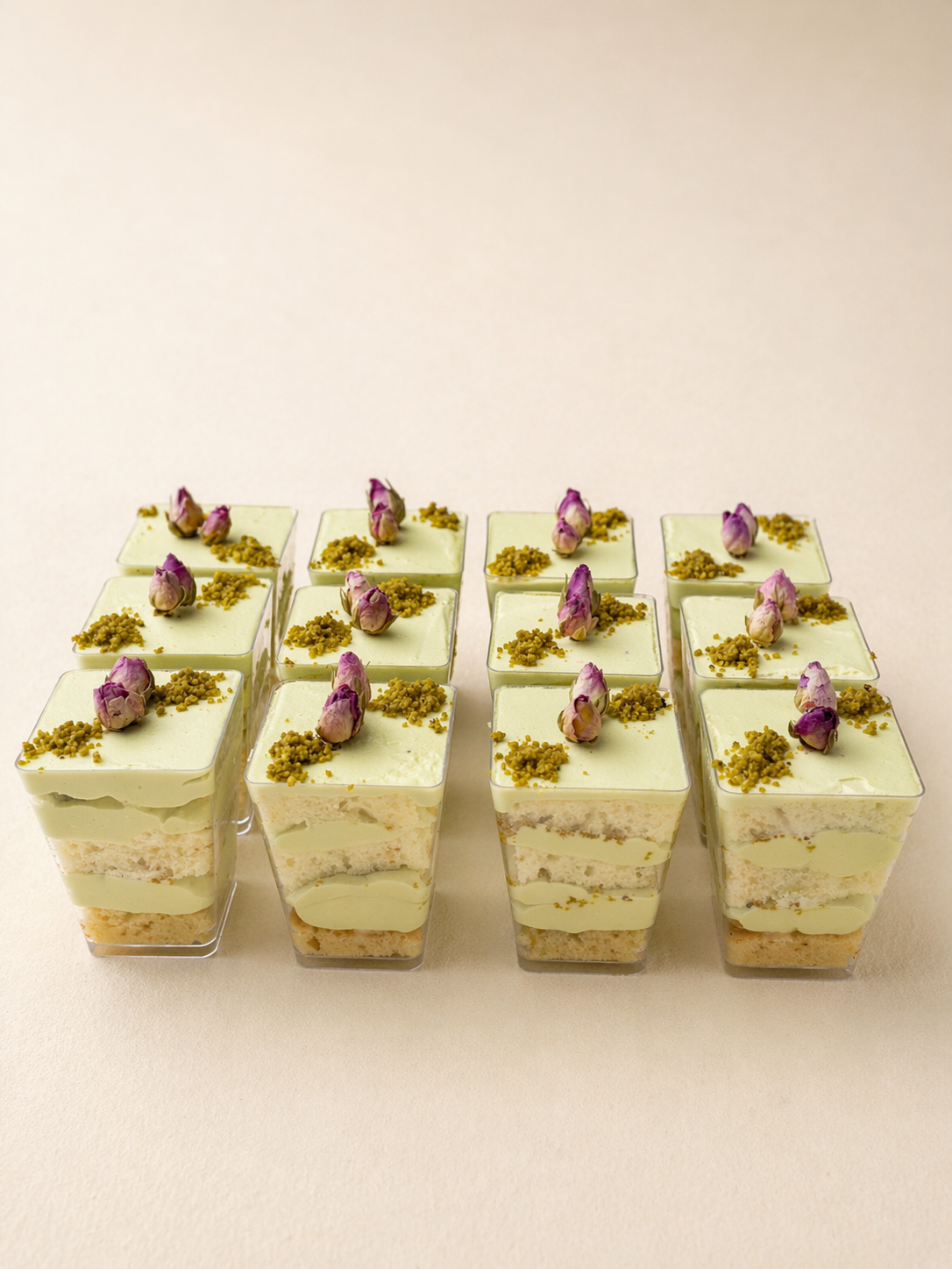 Pistachio dessert shooters for corporate catering